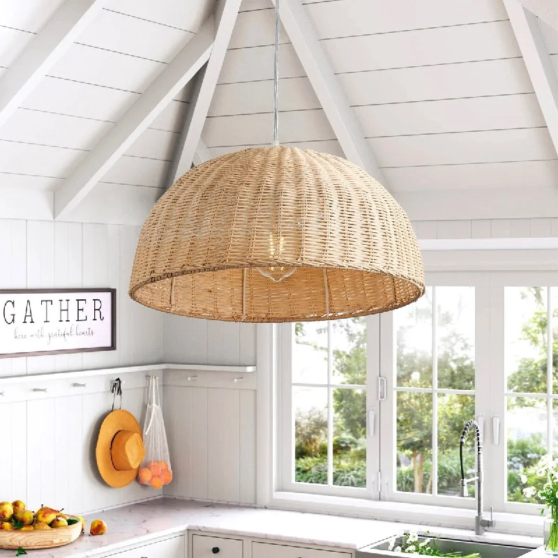 1-Light Bohemian Modern Woven Rattan Farmhouse Pendant Lighting - 16.1"D×4.3"W×68.1"H(Adjustable)