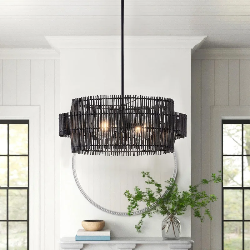 2-Lights Black Creative Rattan Bohemia Pendant Lighting - 19.7"D×4.3"W×79.5"H(Adjustable)