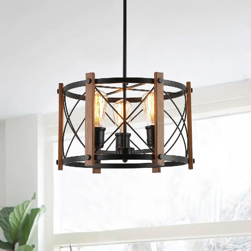 3-Lights Drum Shape with Wood Grain Pendant Lighting - 15.7"D×4.7"W×47"H