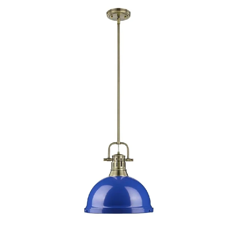 Golden Lighting Duncan Aged Brass Finish Steel Blue Glass Shade Rod-hung Pendant