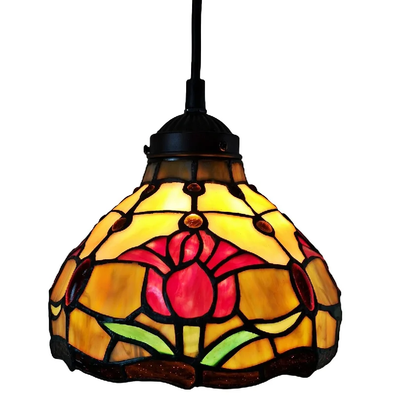 Tiffany Style Hanging Pendant Lamp 8" Wide Stained Glass Shade Fixture Floral Tulips Restaurant Gift AM001HL08B Amora Lighting