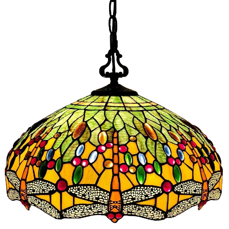 Tiffany Style Hanging Pendant Lamp Ceiling 18" Wide Stained Glass Shade Orange Dragonfly Game Room AM1027HL18B Amora Lighting