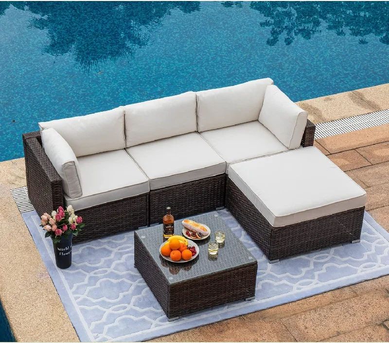 5-Piece Outdoor Furniture All-Weather Mottlewood Brown Wicker Sectional Sofa w Warm Gray Thick Cushions, Glass-Top Coffee Table, Patio