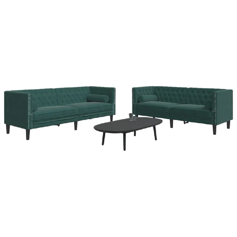 2 Piece Chesterfield Sofa Set with Bolsters Dark Green Velvet