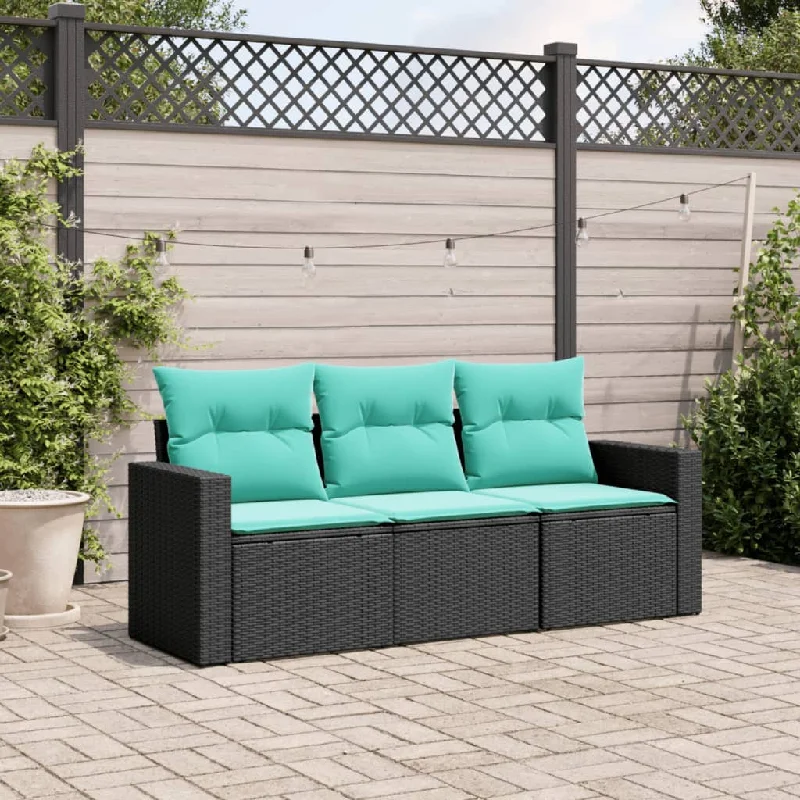 3 Piece Patio Sofa Set with Cushions Black Poly Rattan