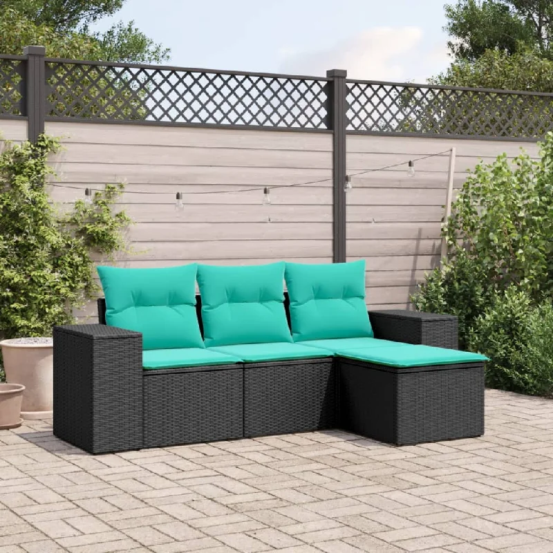 4 Piece Patio Sofa Set with Cushions Black Poly Rattan