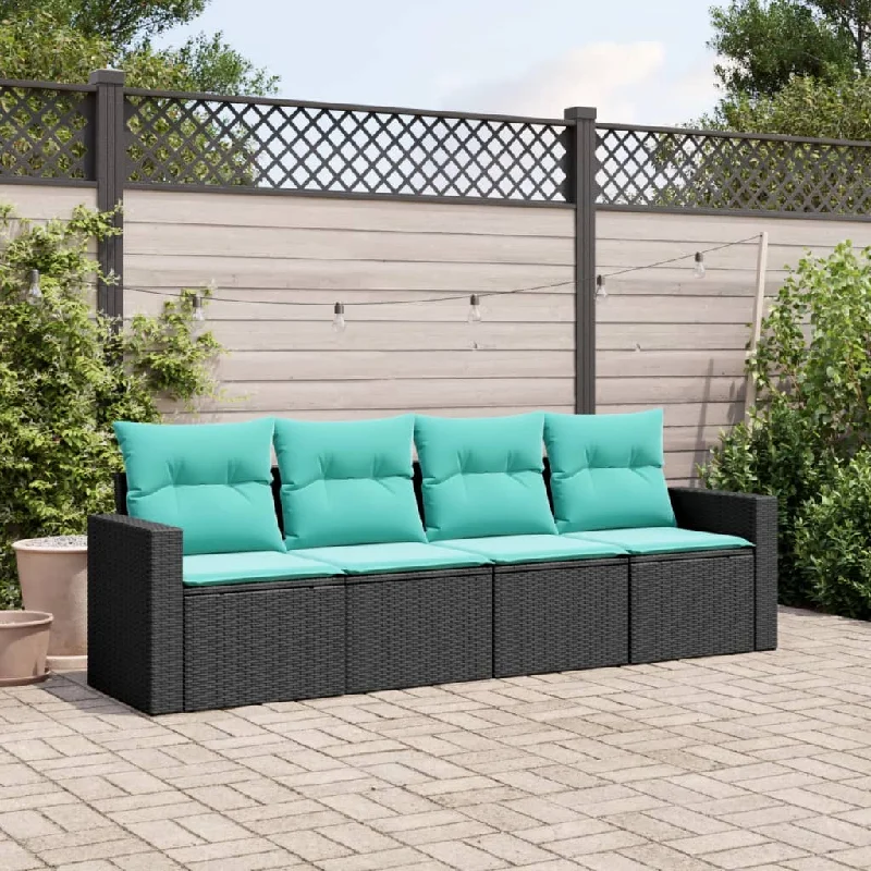 4 Piece Patio Sofa Set with Cushions Black Poly Rattan