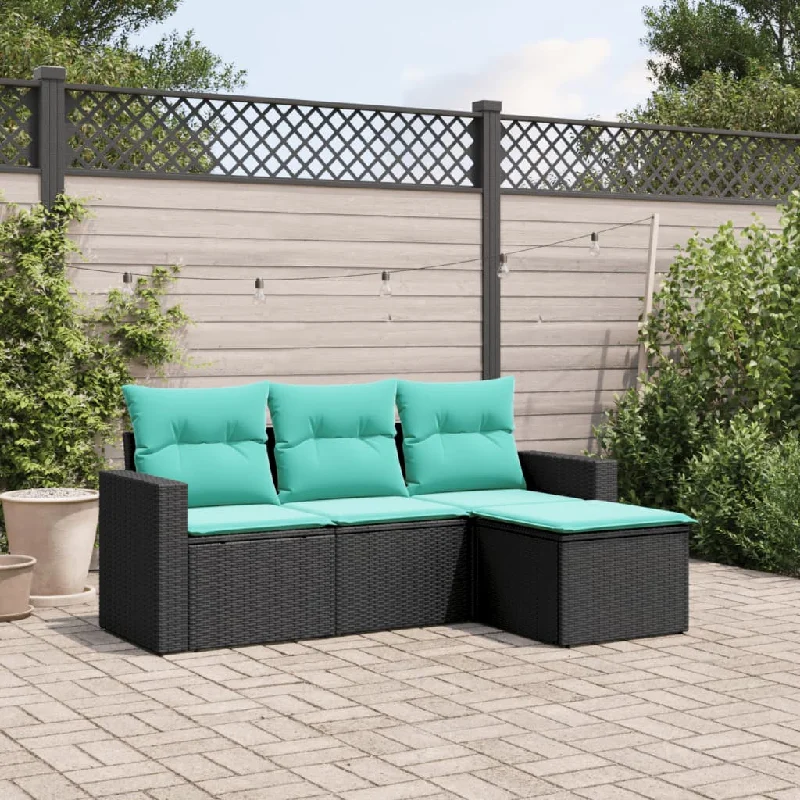 4 Piece Patio Sofa Set with Cushions Black Poly Rattan