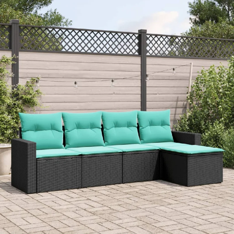 5 Piece Patio Sofa Set with Cushions Black Poly Rattan