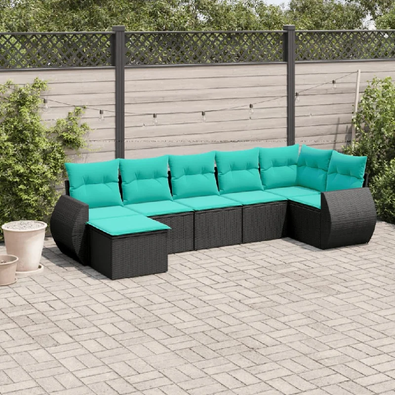 7 Piece Patio Sofa Set with Cushions Black Poly Rattan