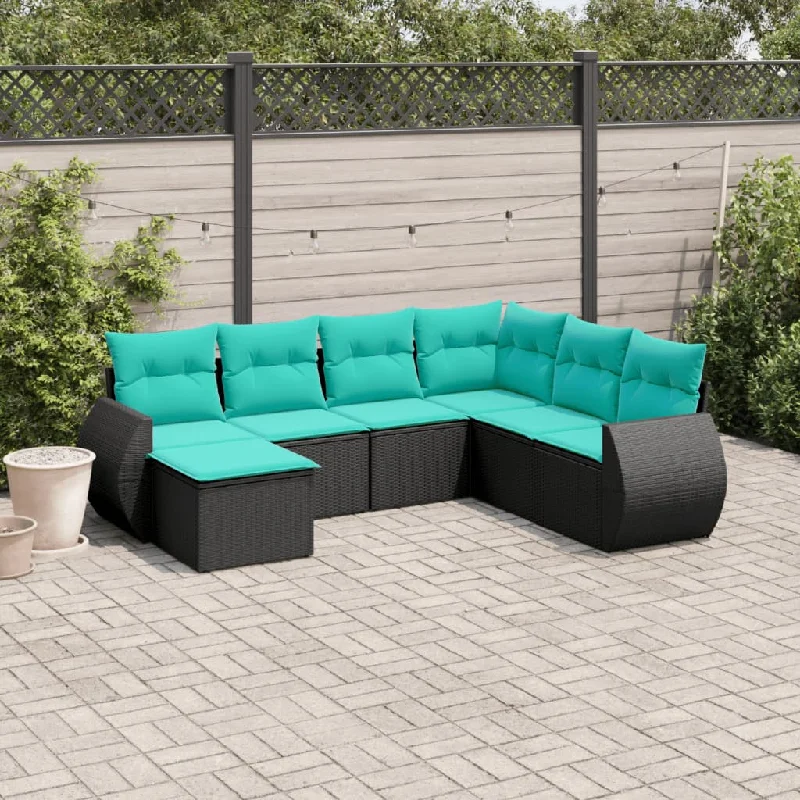 7 Piece Patio Sofa Set with Cushions Black Poly Rattan