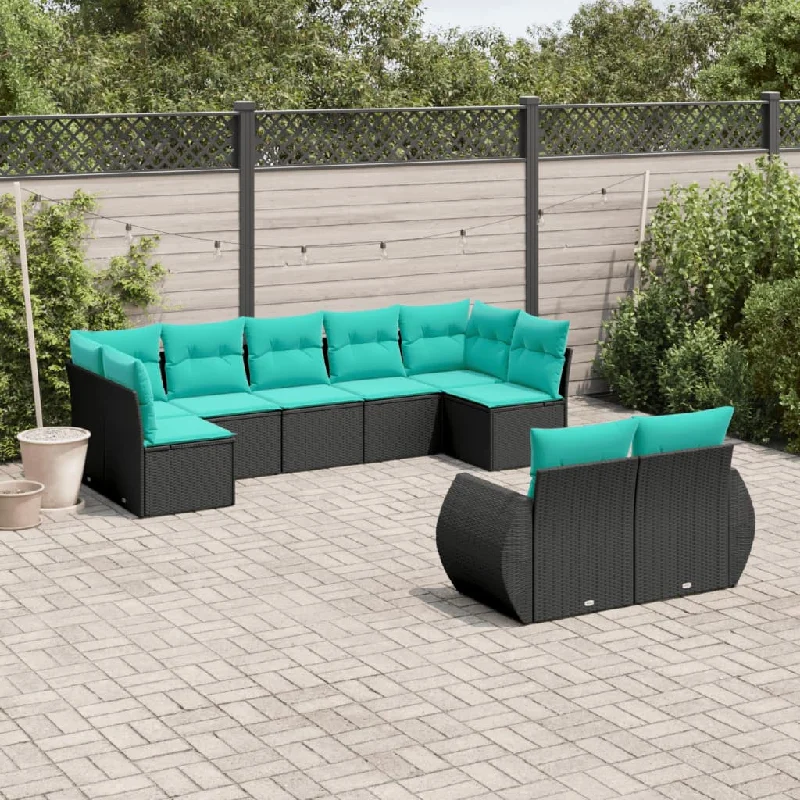 9 Piece Patio Sofa Set with Cushions Black Poly Rattan