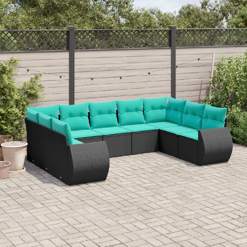 9 Piece Patio Sofa Set with Cushions Black Poly Rattan