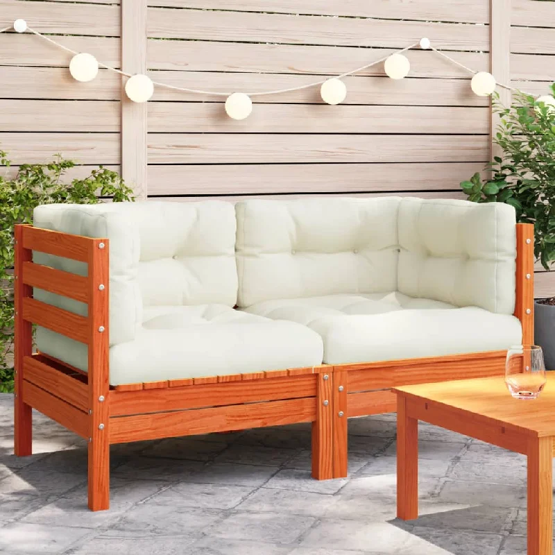 Patio Sofa Corner with Cushions 2 pcs Wax Brown Solid Wood Pine