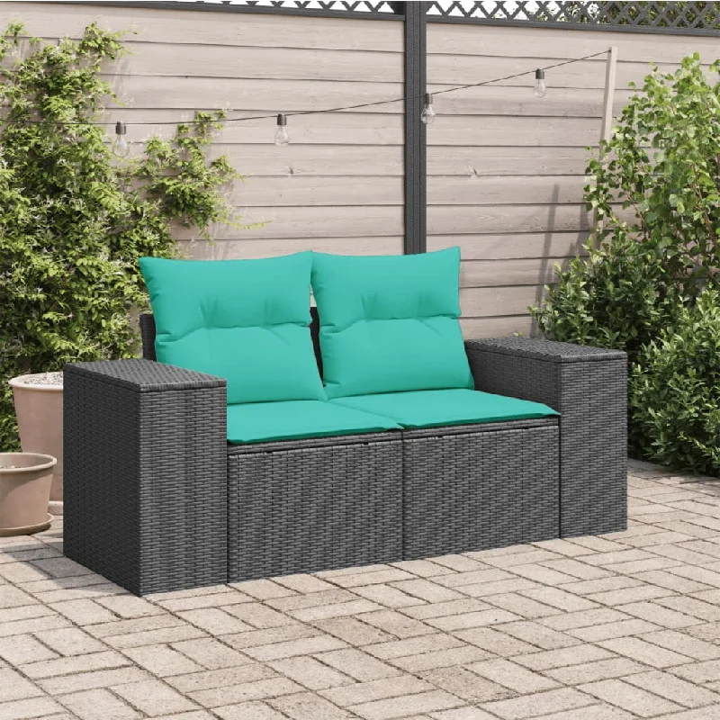 Patio Sofa with Cushions 2-Seater Black Poly Rattan