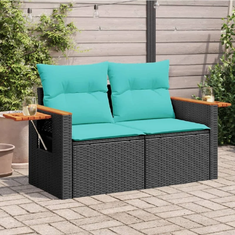 Patio Sofa with Cushions 2-Seater Black Poly Rattan