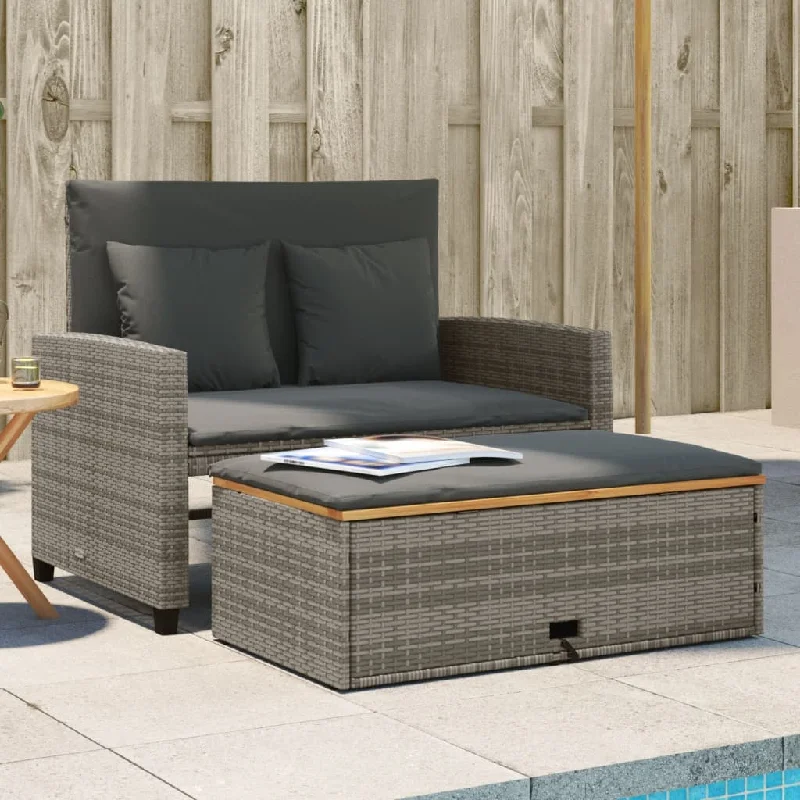 Patio Sofa with Cushions 2-Seater Gray Poly Rattan&Acacia Wood