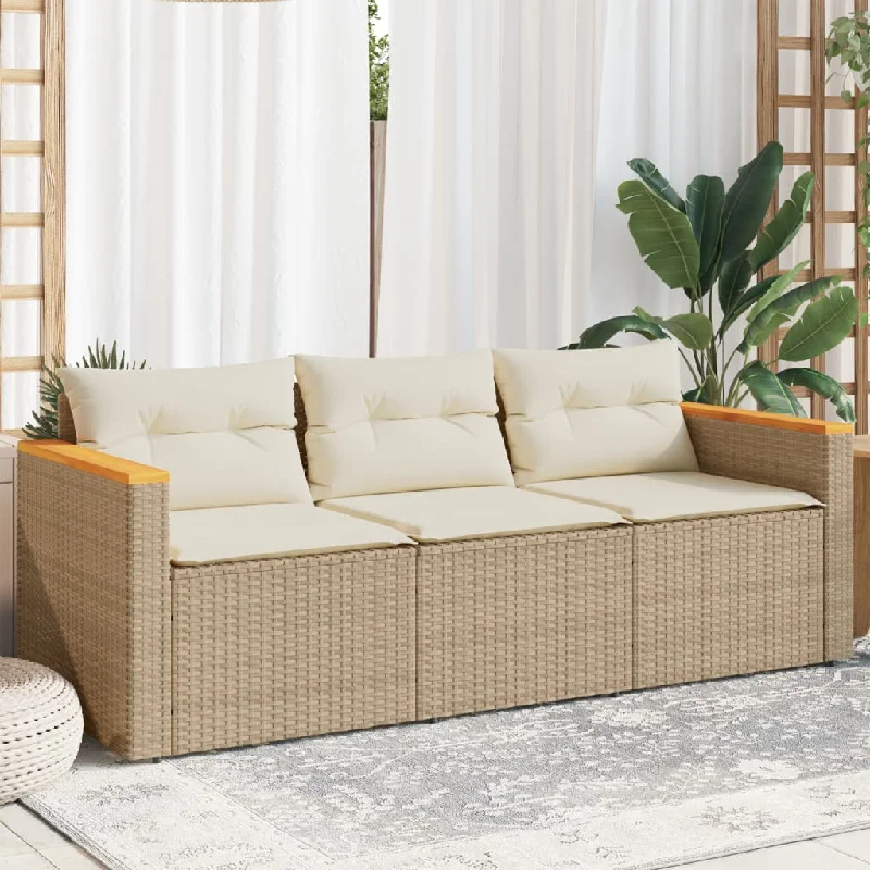 Patio Sofa with Cushions 3-Seater Beige Poly Rattan