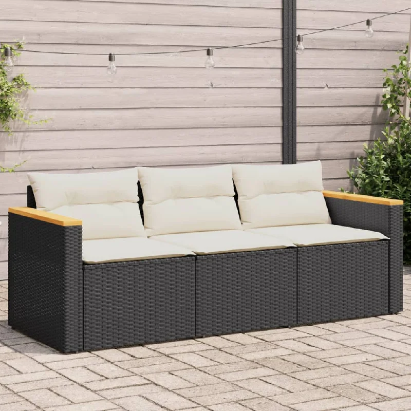 Patio Sofa with Cushions 3-Seater Black Poly Rattan