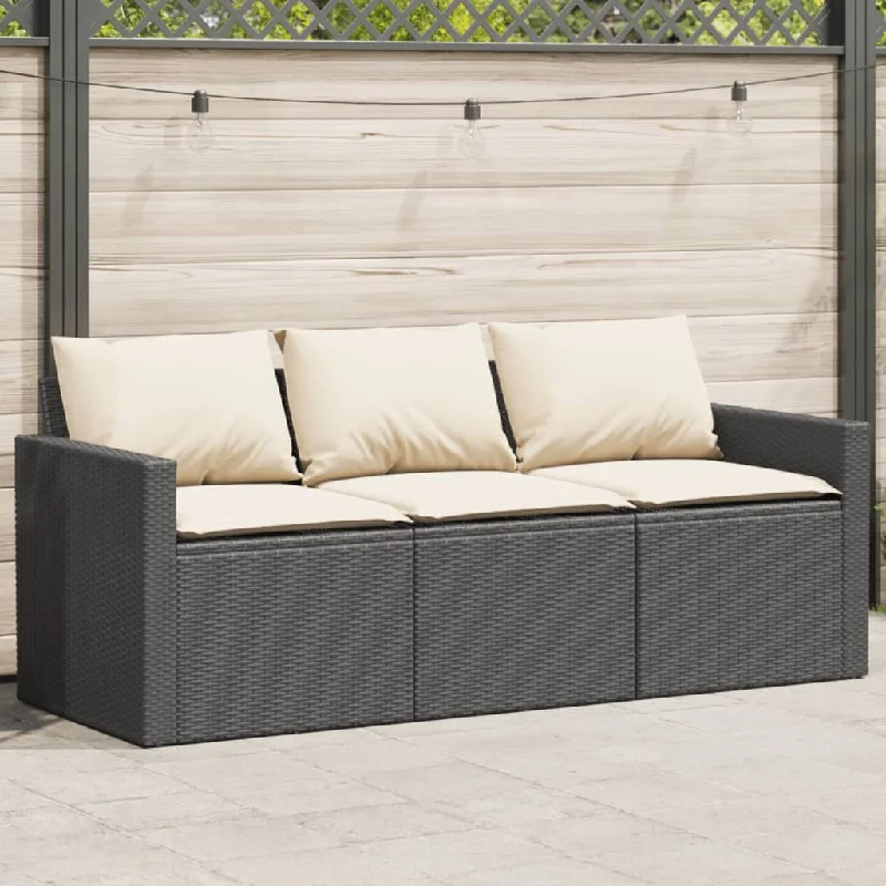 Patio Sofa with Cushions 3-Seater Black Poly Rattan