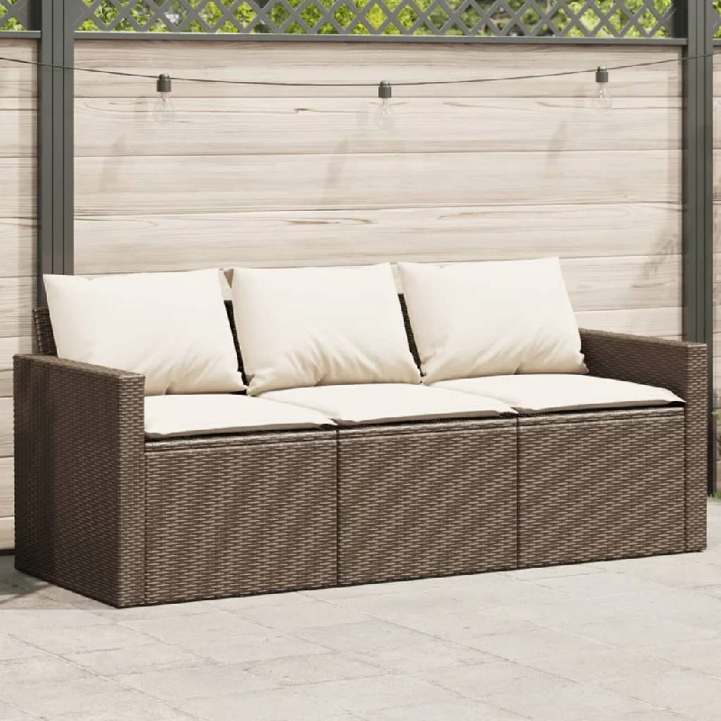 Patio Sofa with Cushions 3-Seater Brown Poly Rattan