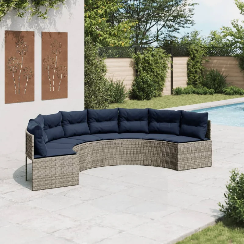 Patio Sofa with Cushions Half-Round Gray Poly Rattan