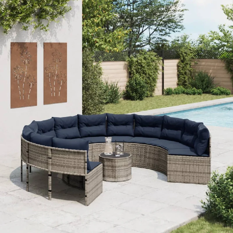 Patio Sofa with Cushions Round Gray Poly Rattan