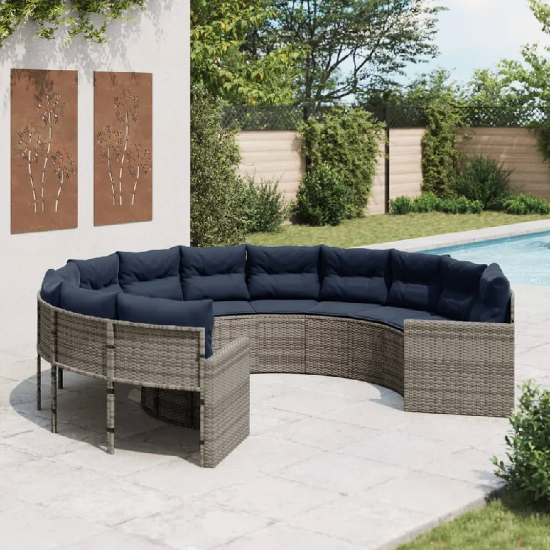 Patio Sofa with Cushions Round Gray Poly Rattan