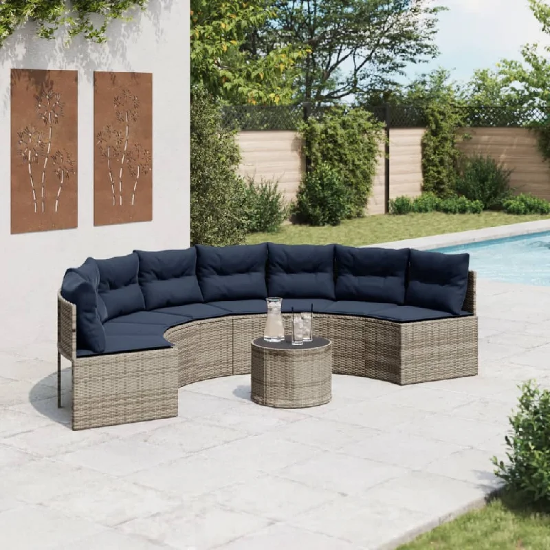 Patio Sofa with Table and Cushions Half-Round Gray Poly Rattan