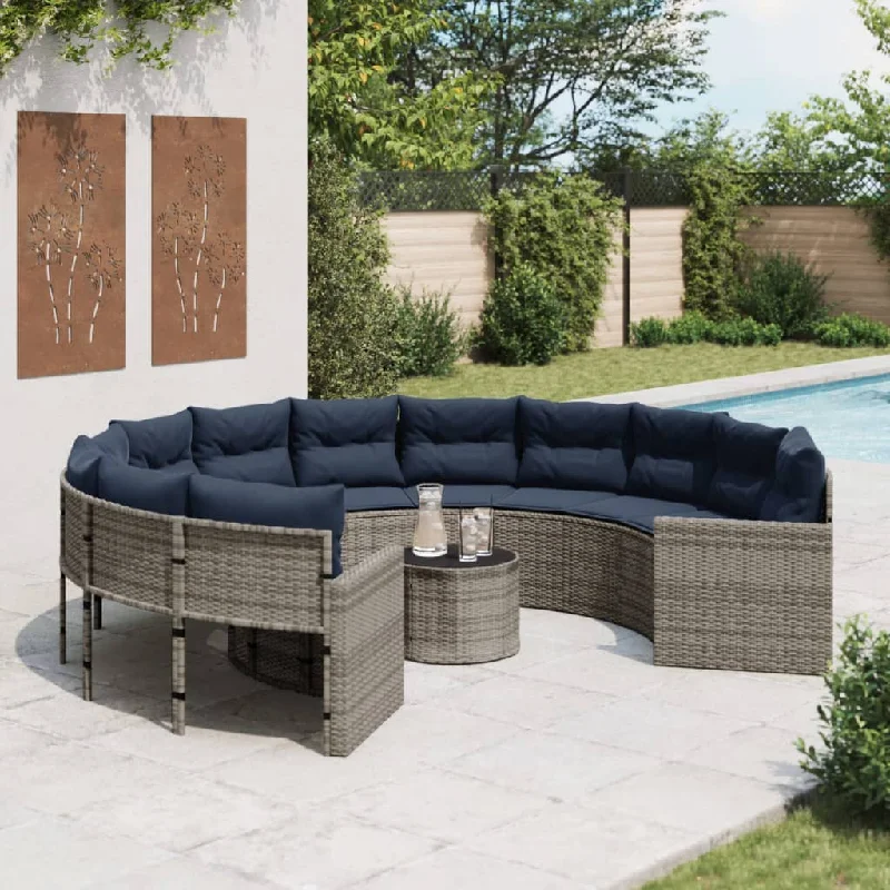 Patio Sofa with Table and Cushions Round Gray Poly Rattan