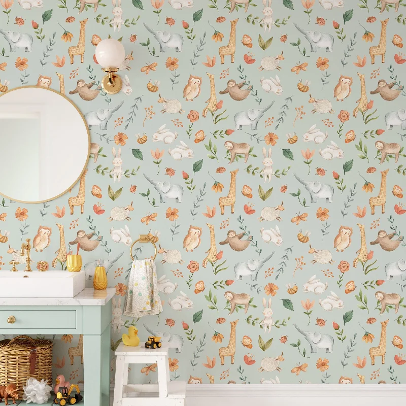 Animal Adventure Nursery Wallpaper - Featuring Rabbits, Giraffes, Elephants & More