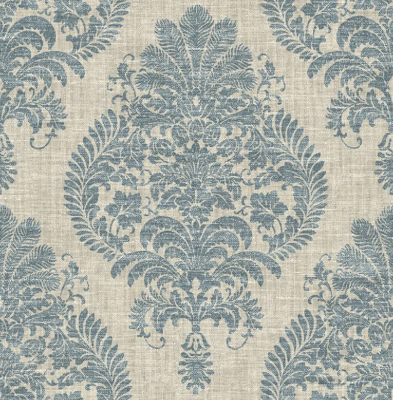 Antigua Damask Wallpaper in Air Force Blue and Alabaster from the Luxe Retreat Collection