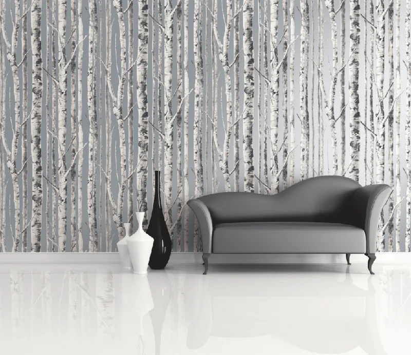 Birch Wallpaper in Silver and Grey from the Solaris Collection