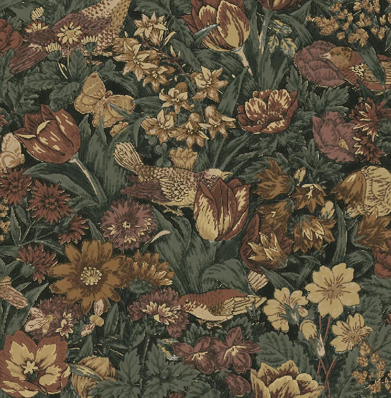 Bird Floral Peel-and-Stick Wallpaper in Mahogany & Graphite