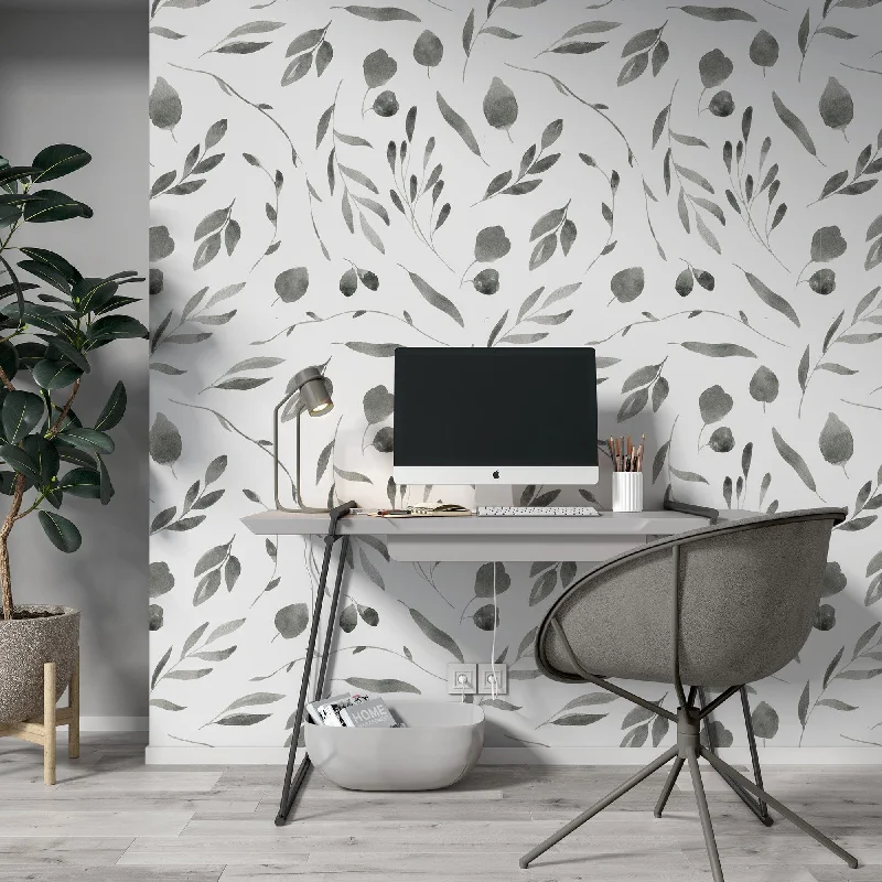 Black and White Watercolor Floral Wall Mural