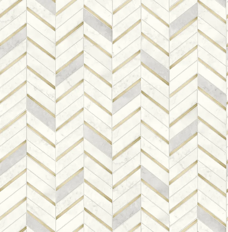 Chevron Marble Tile Peel-and-Stick Wallpaper in Gold and Pearl Grey