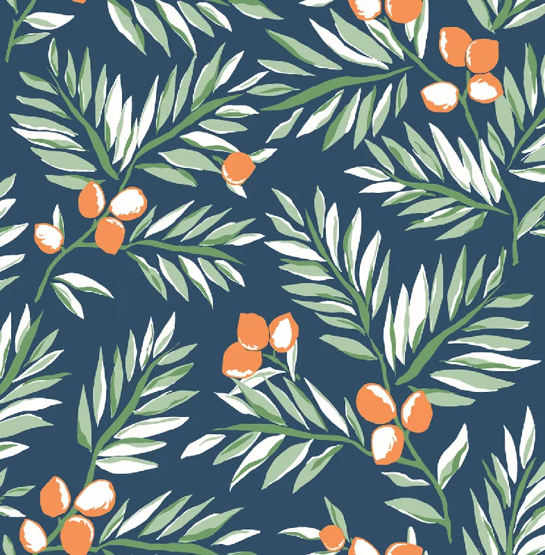 Citrus Branch Peel-and-Stick Wallpaper in Navy, Sage, and Orange