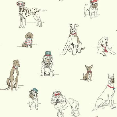 Dog's Life Wallpaper in Grey, Red, and Ivory