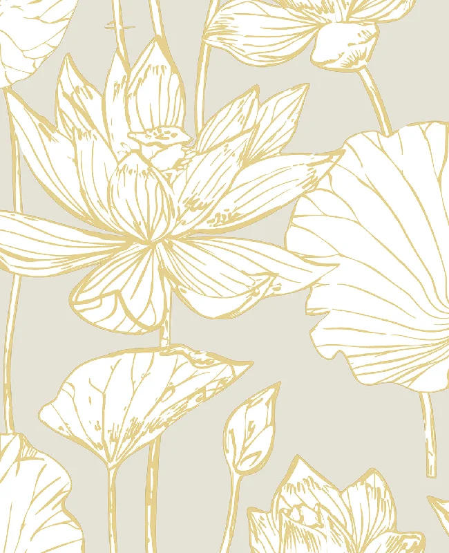 Lotus Floral Prepasted Wallpaper in Grey/Gold