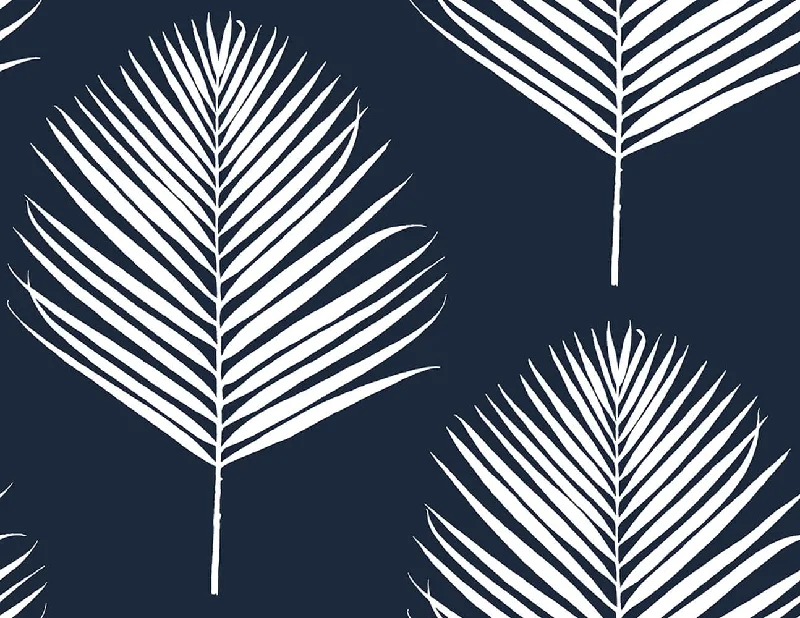 Maui Palm Peel & Stick Wallpaper in Midnight Blue and White from the Luxe Haven Collection