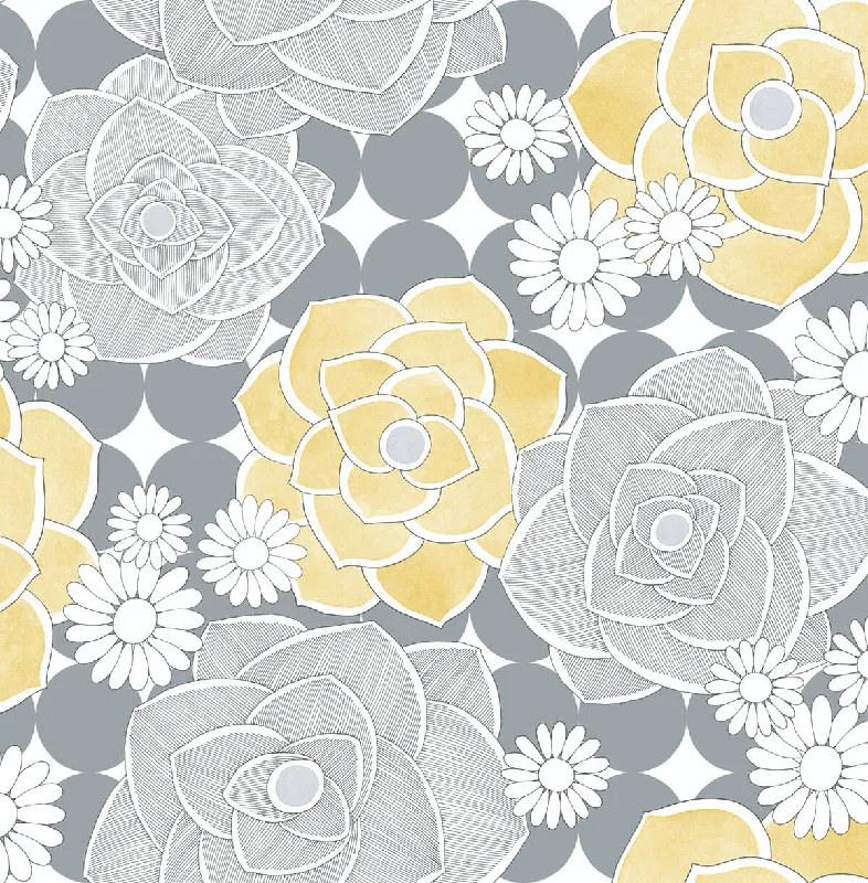 Retro Floral Peel-and-Stick Wallpaper in Yellow and Grey