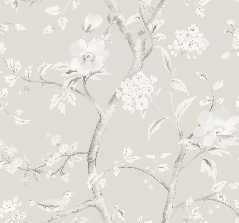 Southport Floral Trail Wallpaper in Metallic Silver and Fog from the Luxe Retreat Collection