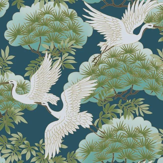 Sprig & Heron Wallpaper in Blue from the Tea Garden Collection