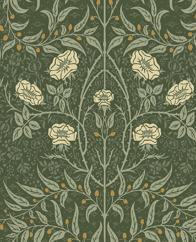 Stenciled Floral Prepasted Wallpaper in Evergreen