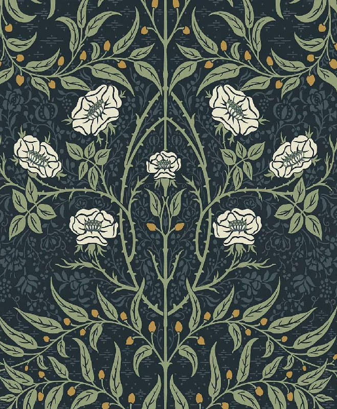 Stenciled Floral Prepasted Wallpaper in Navy & Sage