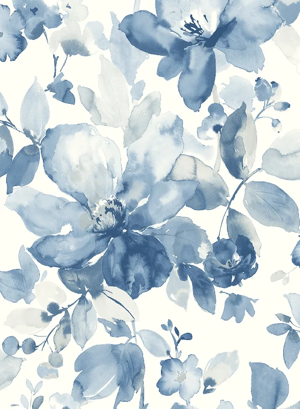 Watercolor Flower Peel-and-Stick Wallpaper in Bluestone