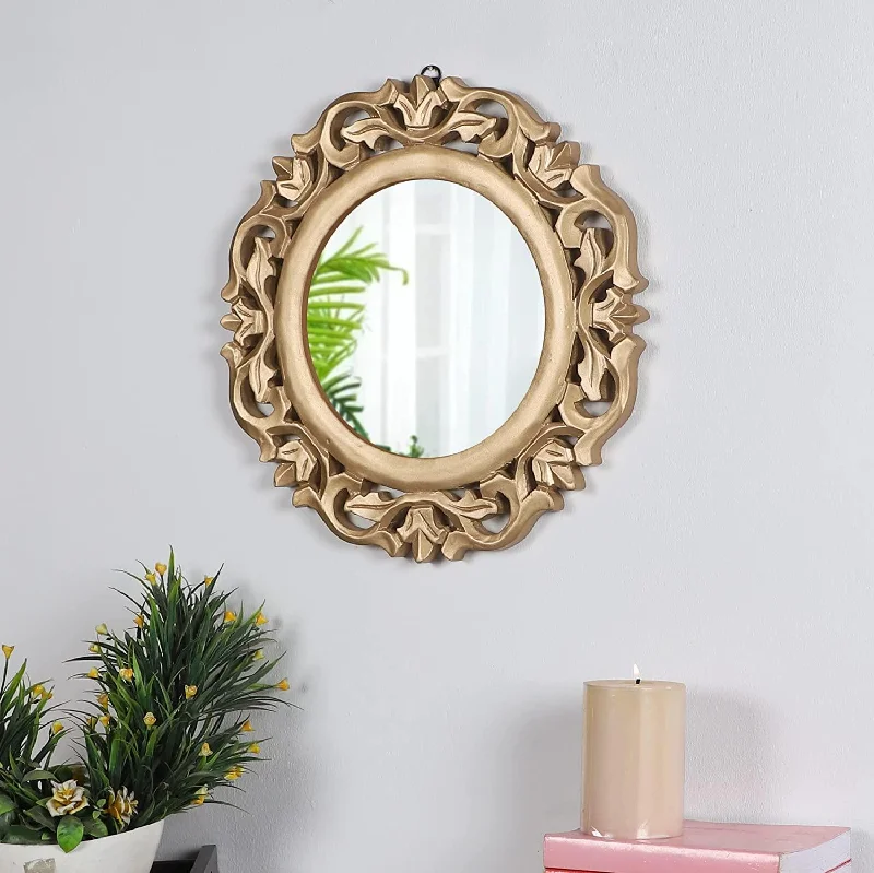 Decorative & Hand Crafted Wooden Mirror in Rich Gold Finish ( 14”x14 x1), Round, Wall mounting, Framed