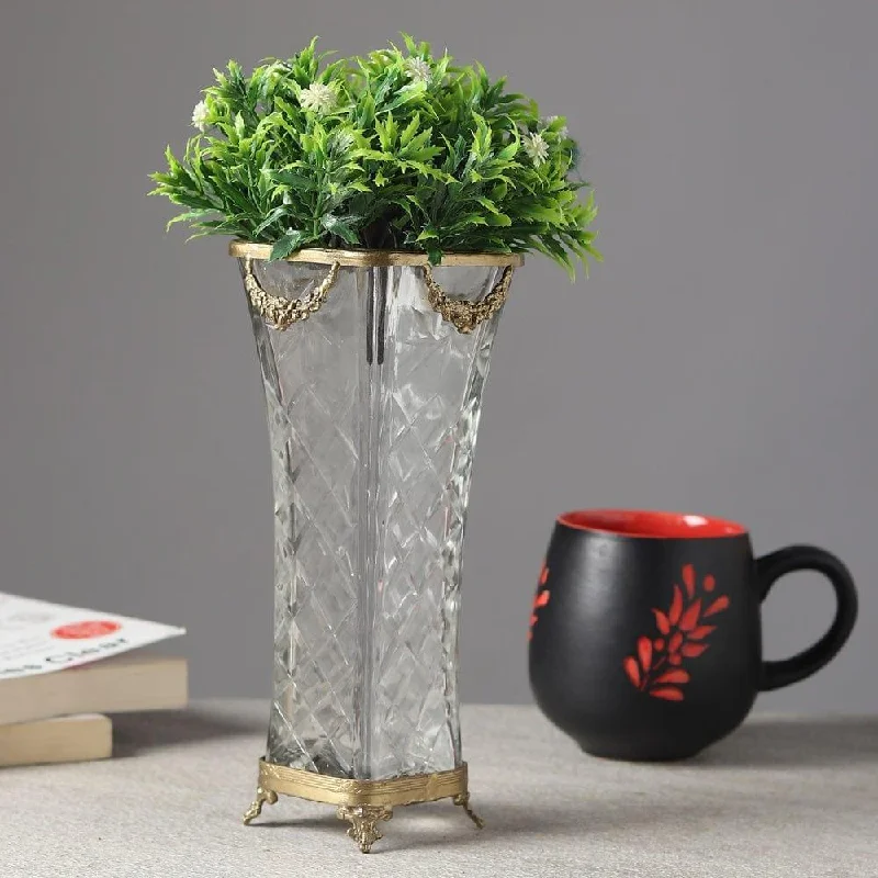 Diamond Blossom Glass Vase with antique brass rings