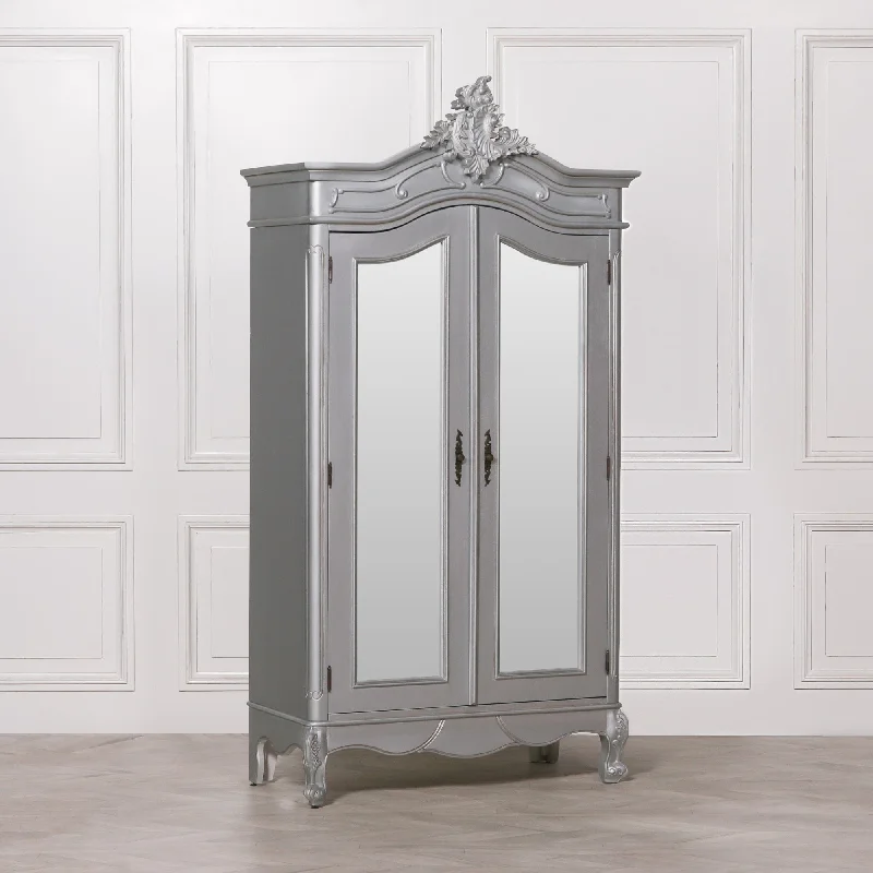 French Style Silver Carved Double Full Mirrored Armoire