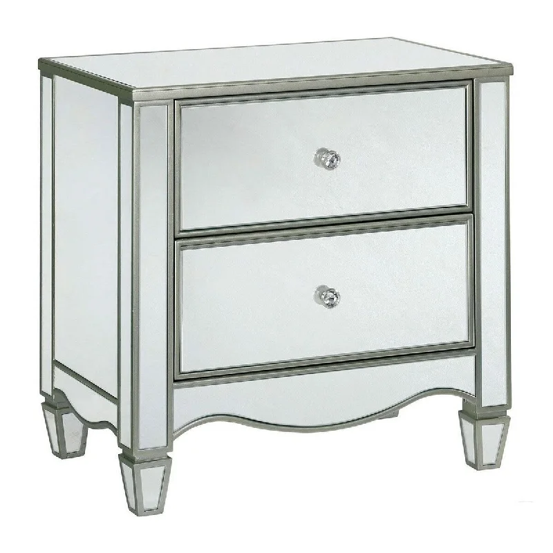 Night Stand with Crystal Knobs and Mirror Panels, Silver